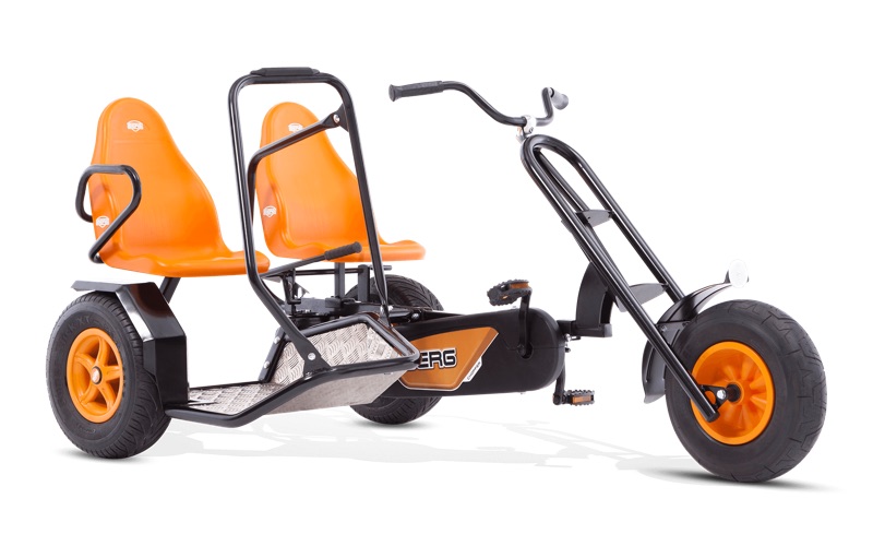 Orange trehjulig trampbil BERG XL Duo Chopper med plats för två