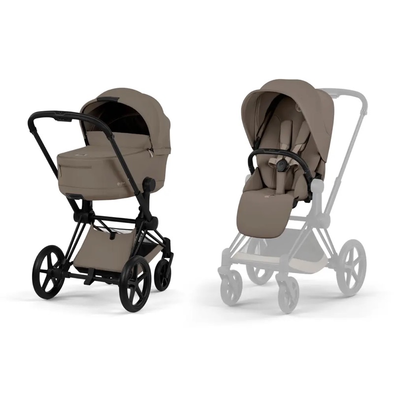Brun Cybex Priam med liggdel och sittdel på svart chassi