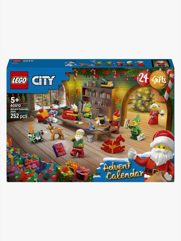 Kartongen till LEGO City 60510 Adventskalender 2026, märkt 5+ och 252 bitar, med tomtens verkstad och minifigurer