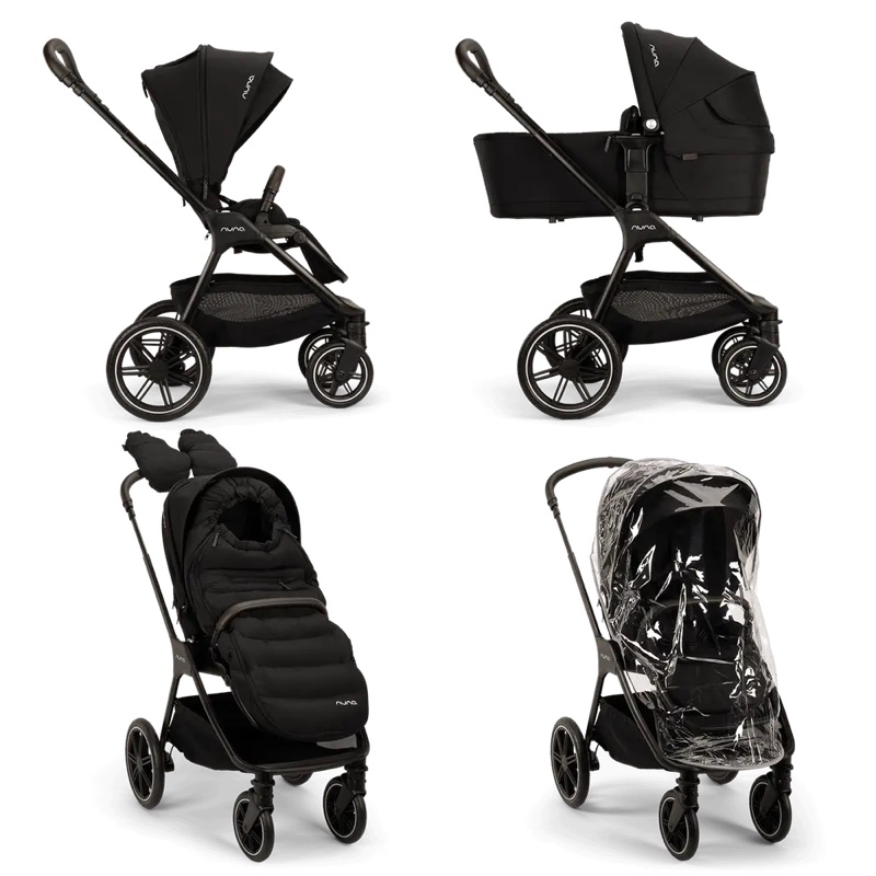Svart Nuna Triv LX med sittdel, liggdel, åkpåse och regnskydd