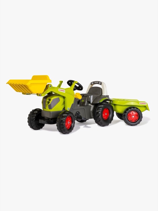 Grön tramptraktor Rolly Toys CLAAS Axos 240 med frontlastare och släpvagn